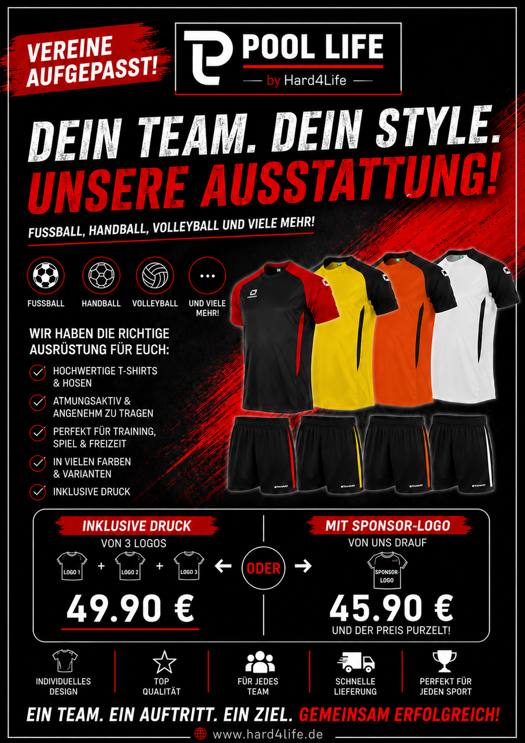 Teamwear Angebot mit T-Shirts und Hosen inklusive Druck