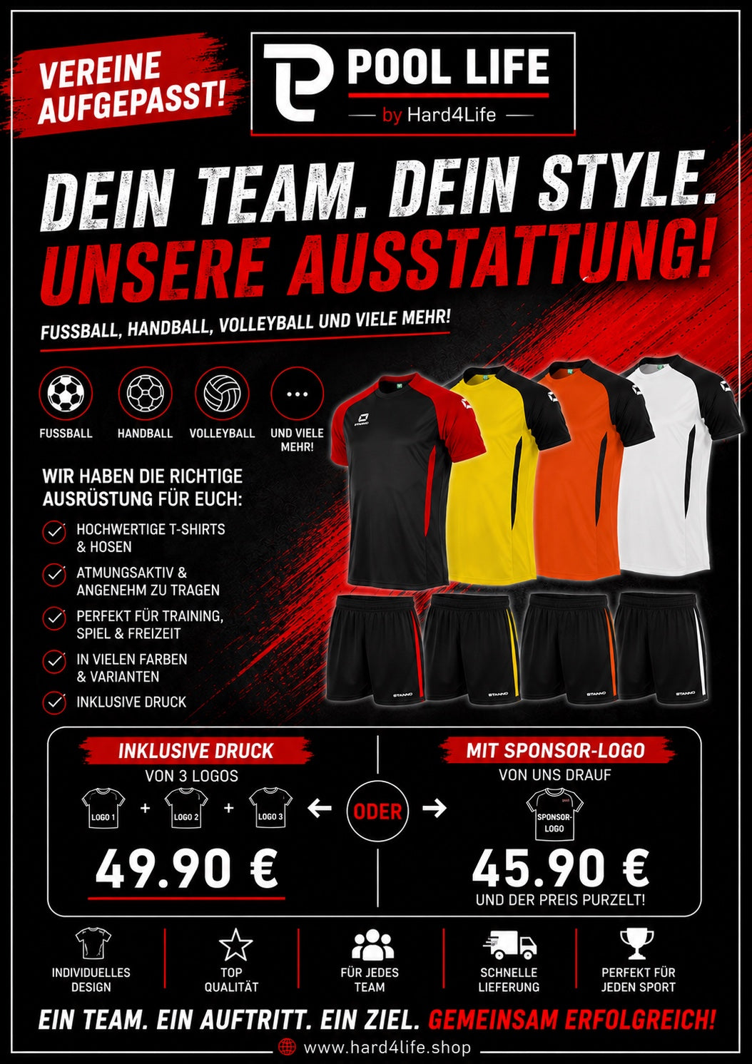 Teamwear Angebot mit T-Shirts und Hosen inklusive Druck
